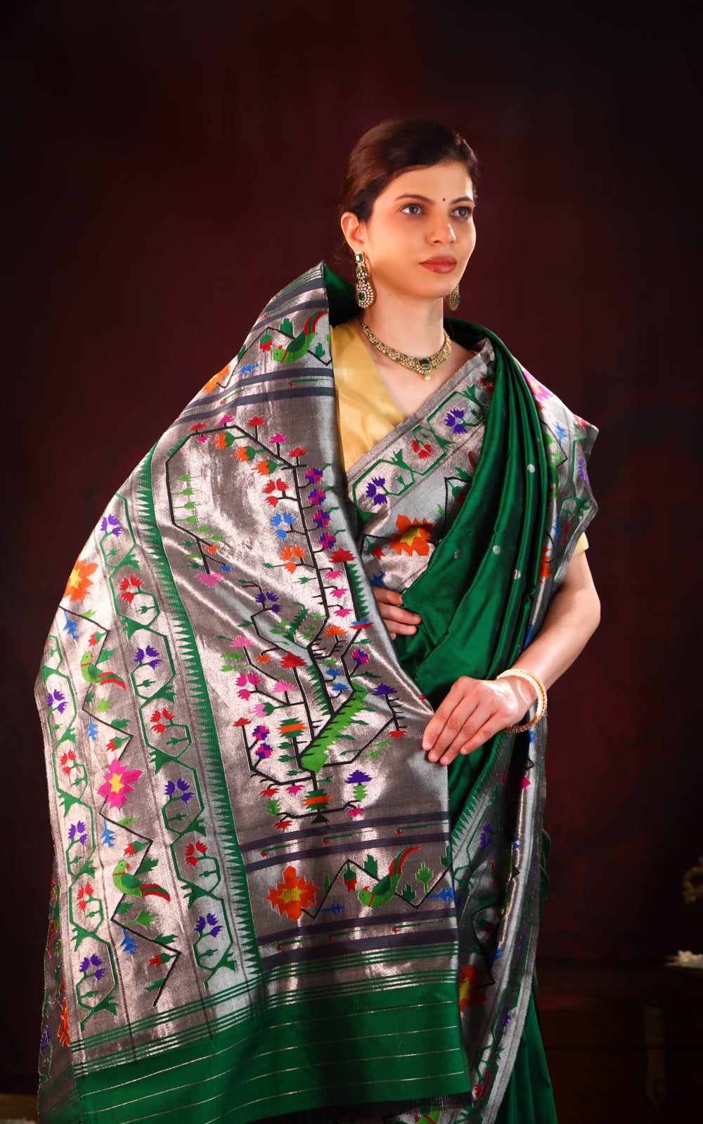 Green Pure Paithani Silk Saree With Silver Zari Mina Border & Pallu