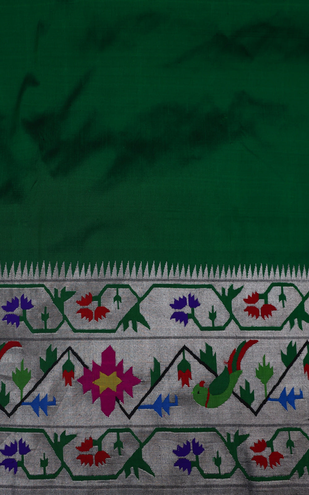 Green Pure Paithani Silk Saree With Silver Zari Mina Border & Pallu