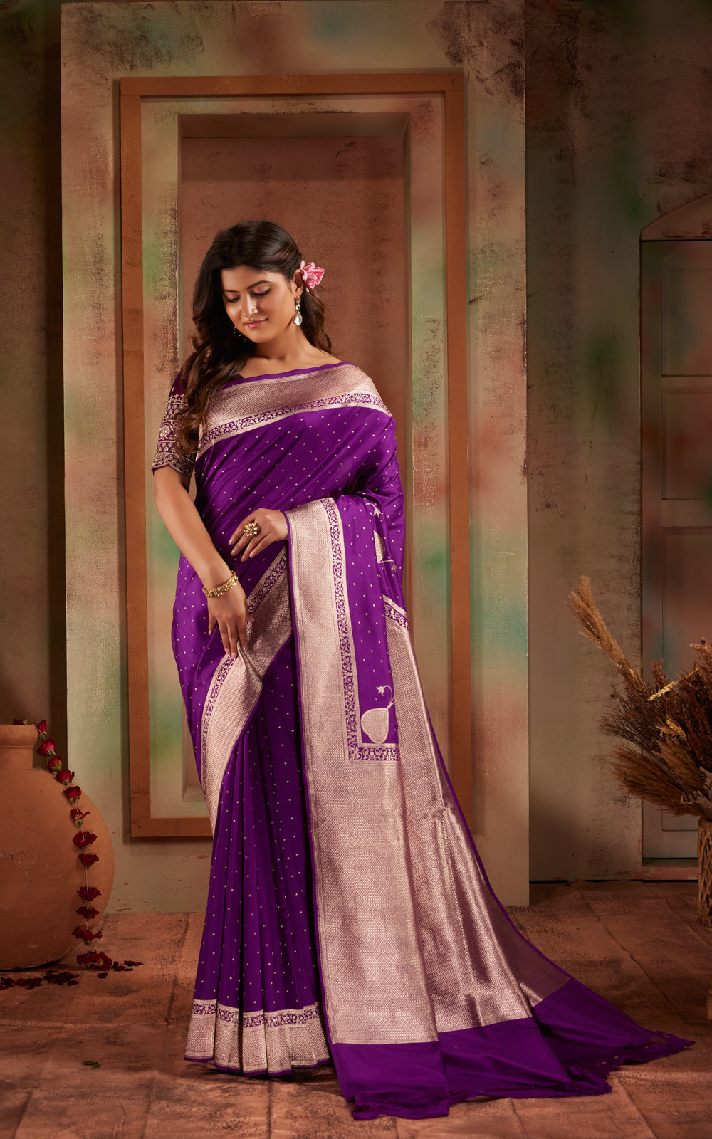Violet Banarasi Silk Saree With Kadhua Weaves