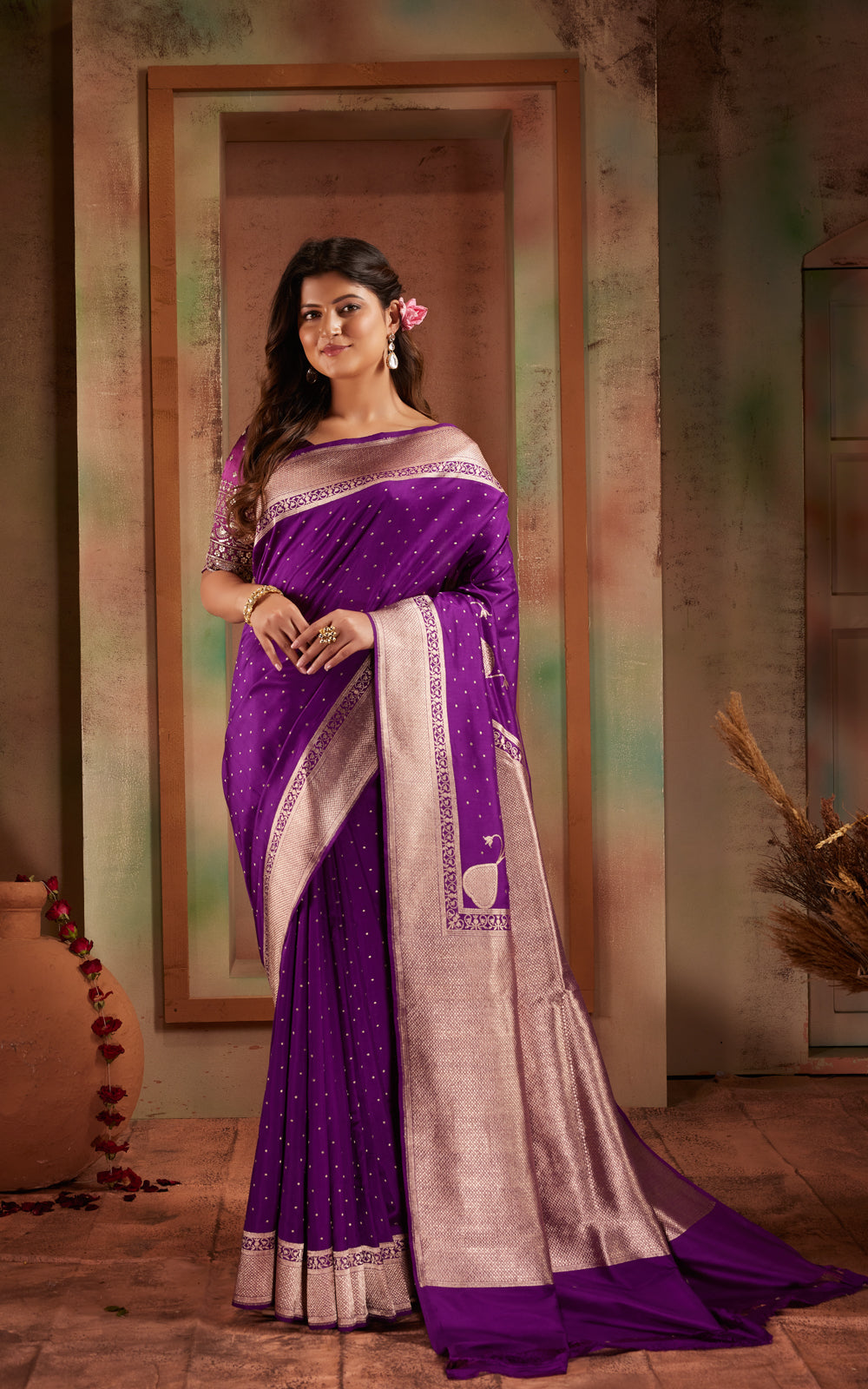 Violet Banarasi Silk Saree With Kadhua Weaves
