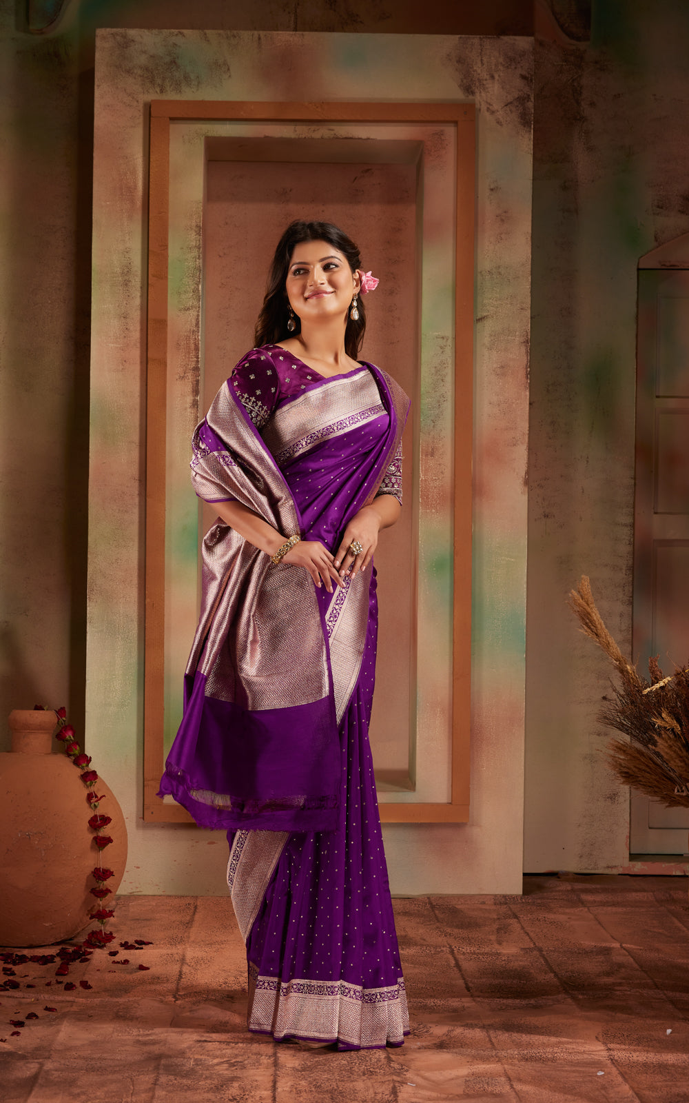 Violet Banarasi Silk Saree With Kadhua Weaves