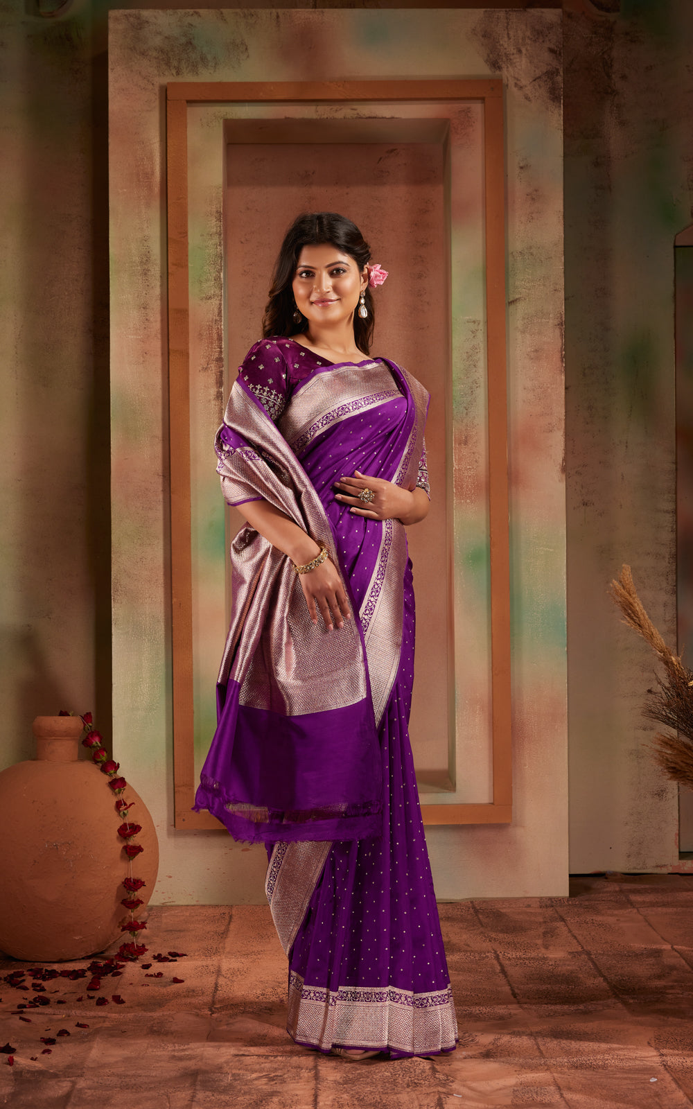 Violet Banarasi Silk Saree With Kadhua Weaves
