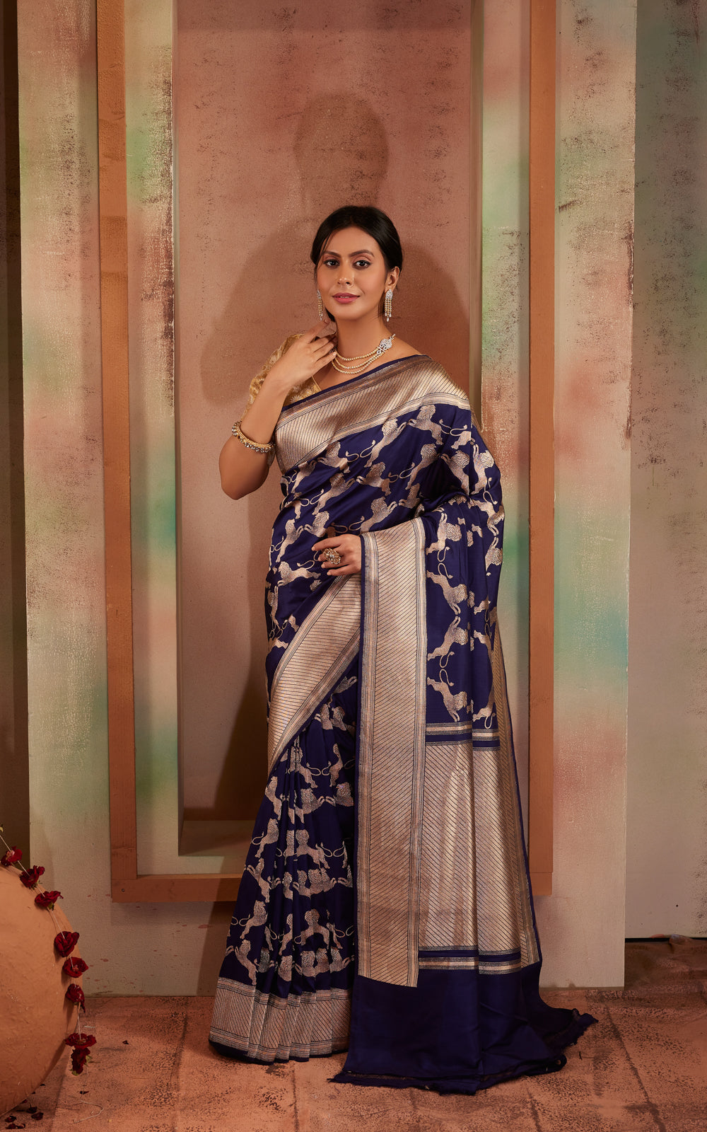 Navy Blue Banarasi Silk Saree With Kadhua Weaves