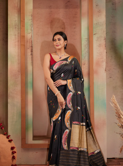 Dark Grey Banarasi Silk Saree With Kadhua Weaves