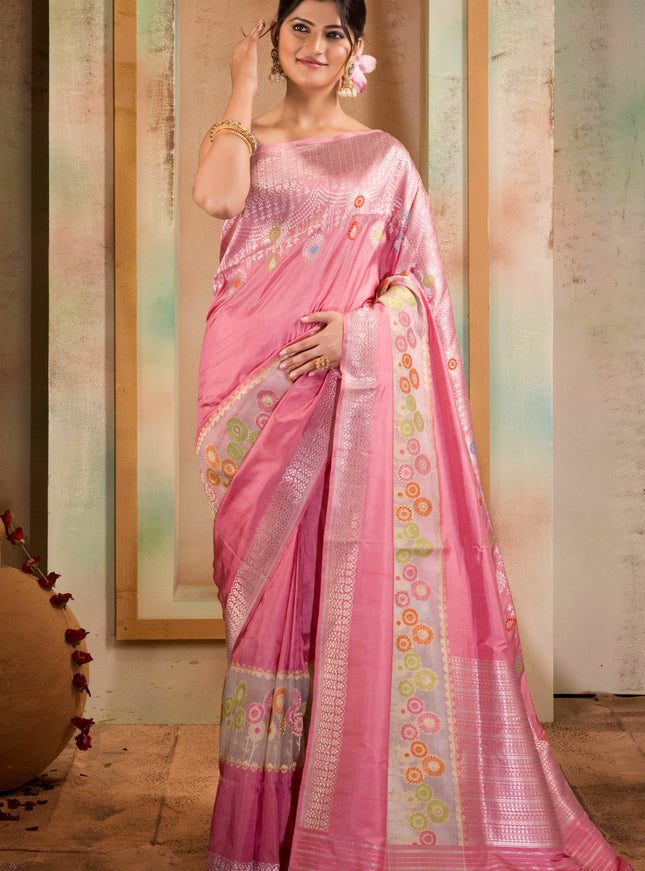 Baby Pink Banarasi Silk Saree With Floral Weaves
