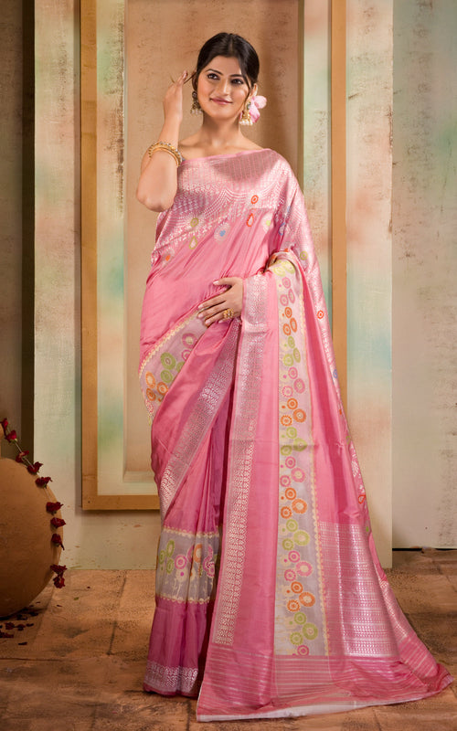 Baby Pink Banarasi Silk Saree With Floral Weaves