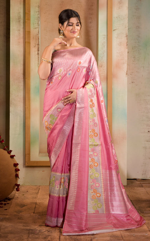 Baby Pink Banarasi Silk Saree With Floral Weaves