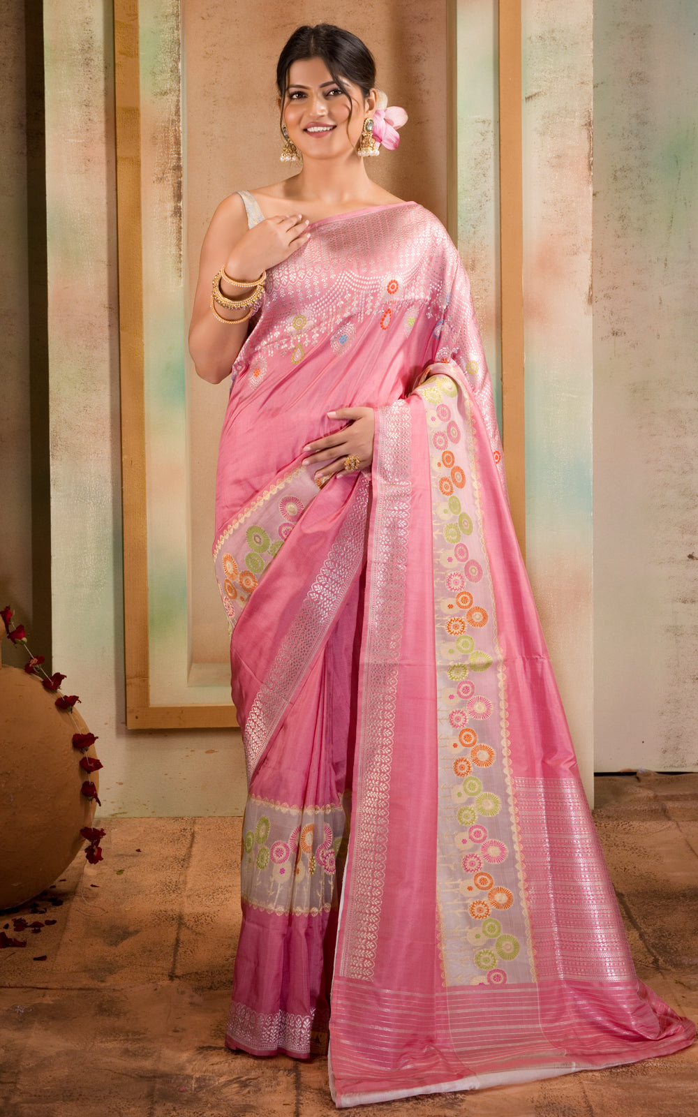 Baby Pink Banarasi Silk Saree With Floral Weaves