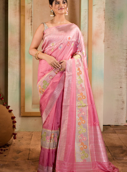 Baby Pink Banarasi Silk Saree With Floral Weaves