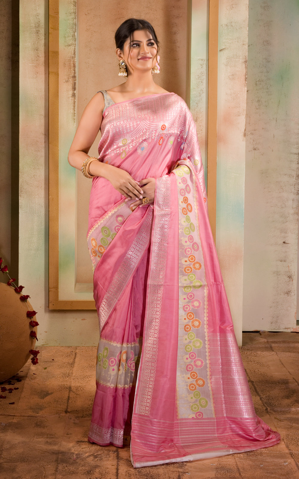 Baby Pink Banarasi Silk Saree With Floral Weaves