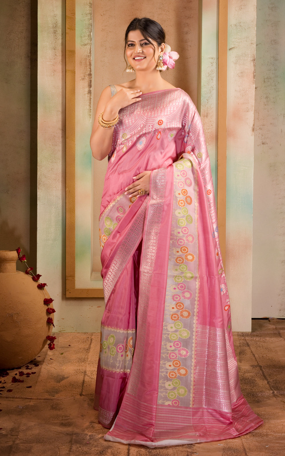 Baby Pink Banarasi Silk Saree With Floral Weaves