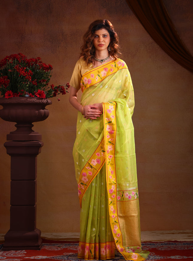 Light Green Zari Kota Saree Silver & Gold Butta