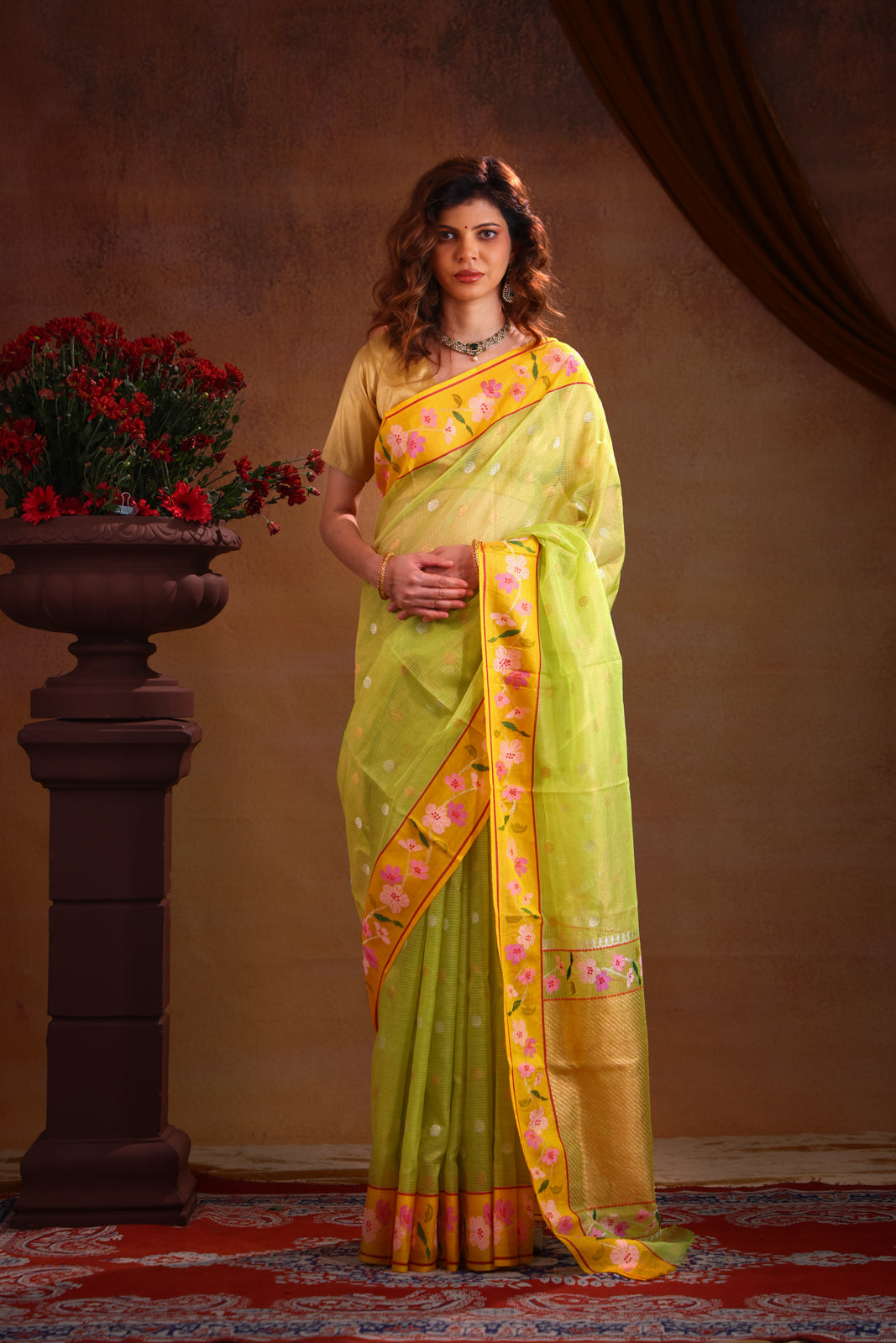 Light Green Zari Kota Saree Silver & Gold Butta