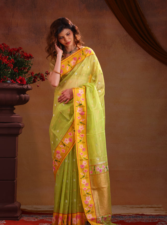 Light Green Zari Kota Saree Silver & Gold Butta