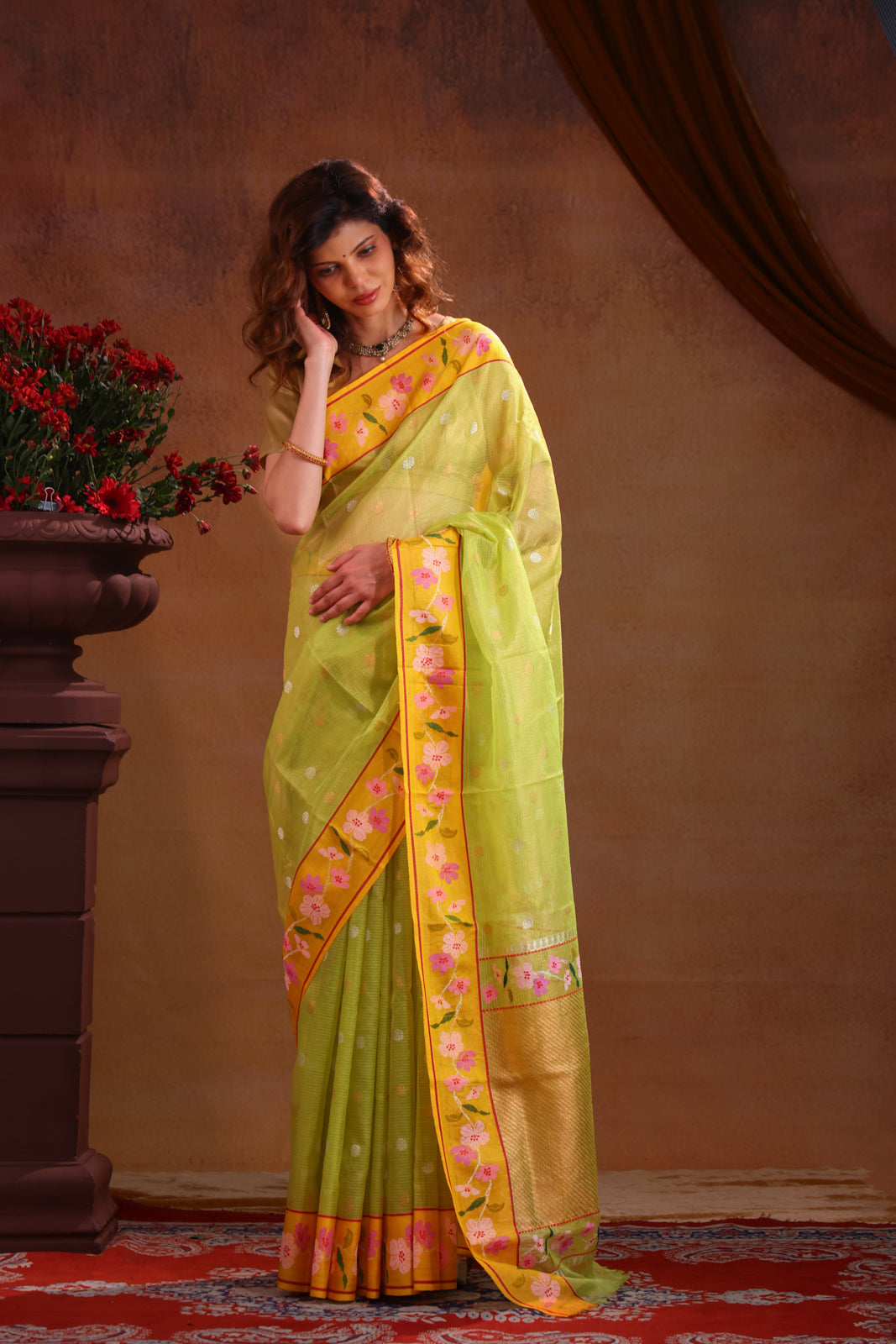 Light Green Zari Kota Saree Silver & Gold Butta