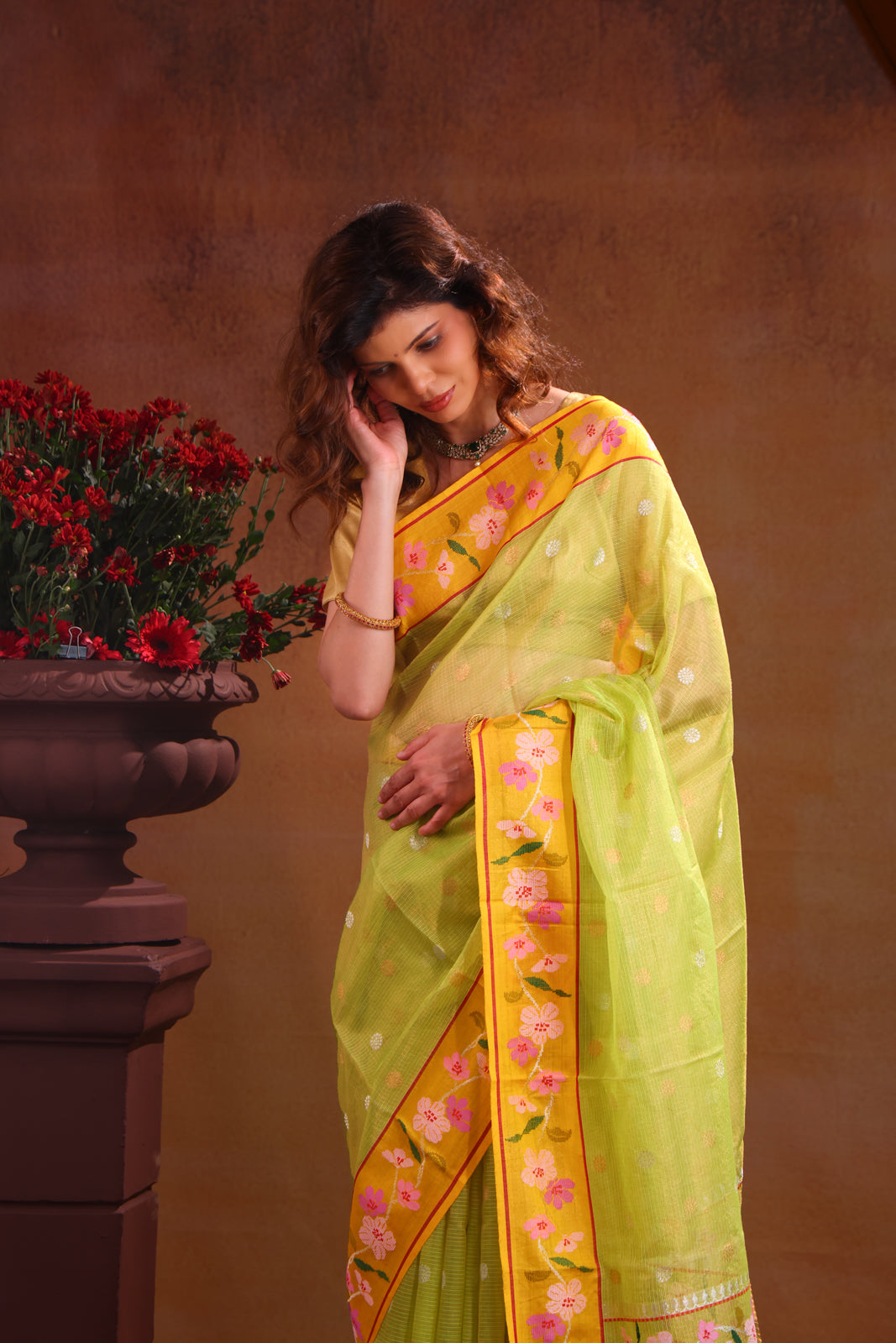 Light Green Zari Kota Saree Silver & Gold Butta