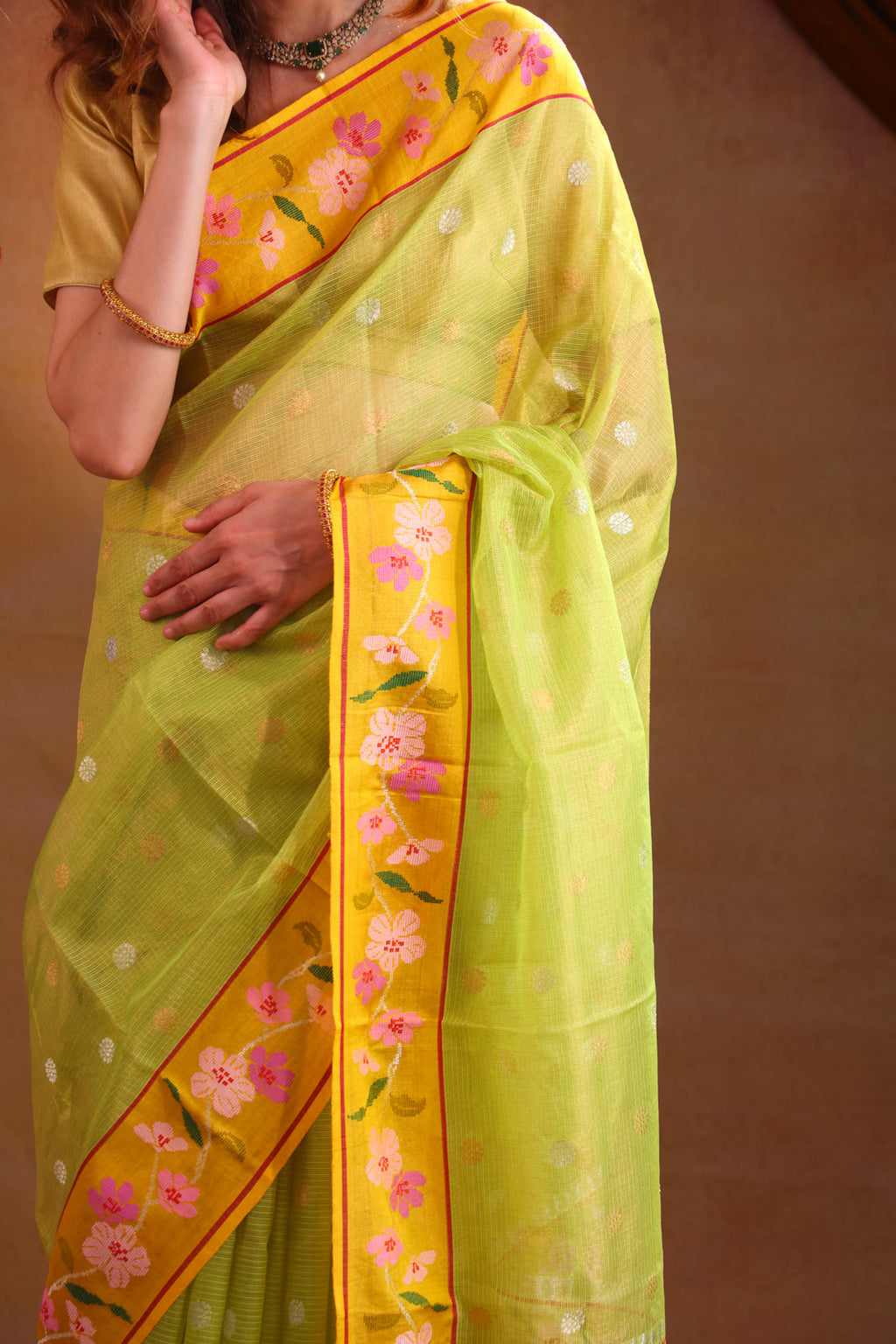 Light Green Zari Kota Saree Silver & Gold Butta