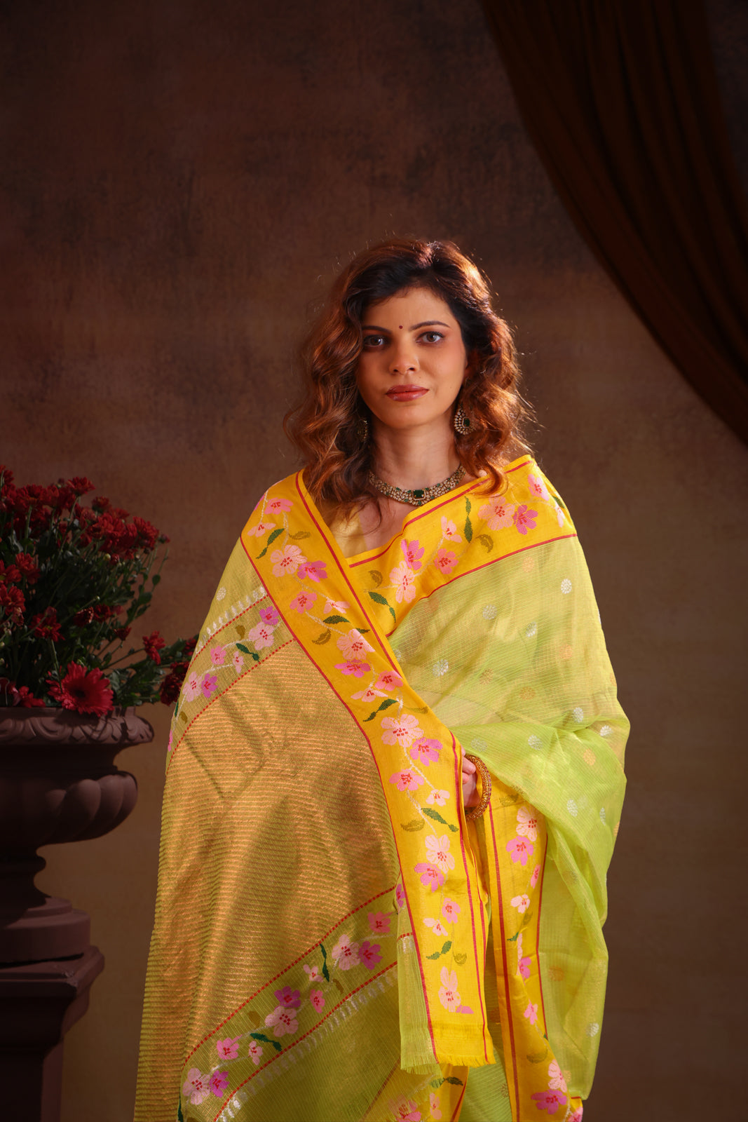 Light Green Zari Kota Saree Silver & Gold Butta
