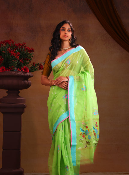 Parrot Green & Teal Zari Kota Saree With Jamdani Weaves