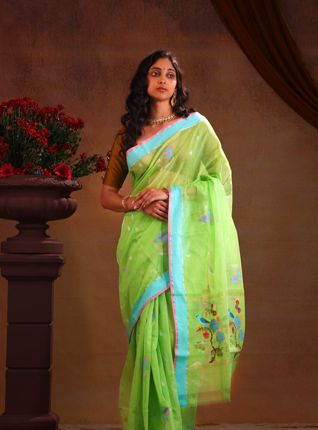 Parrot Green & Teal Zari Kota Saree With Jamdani Weaves