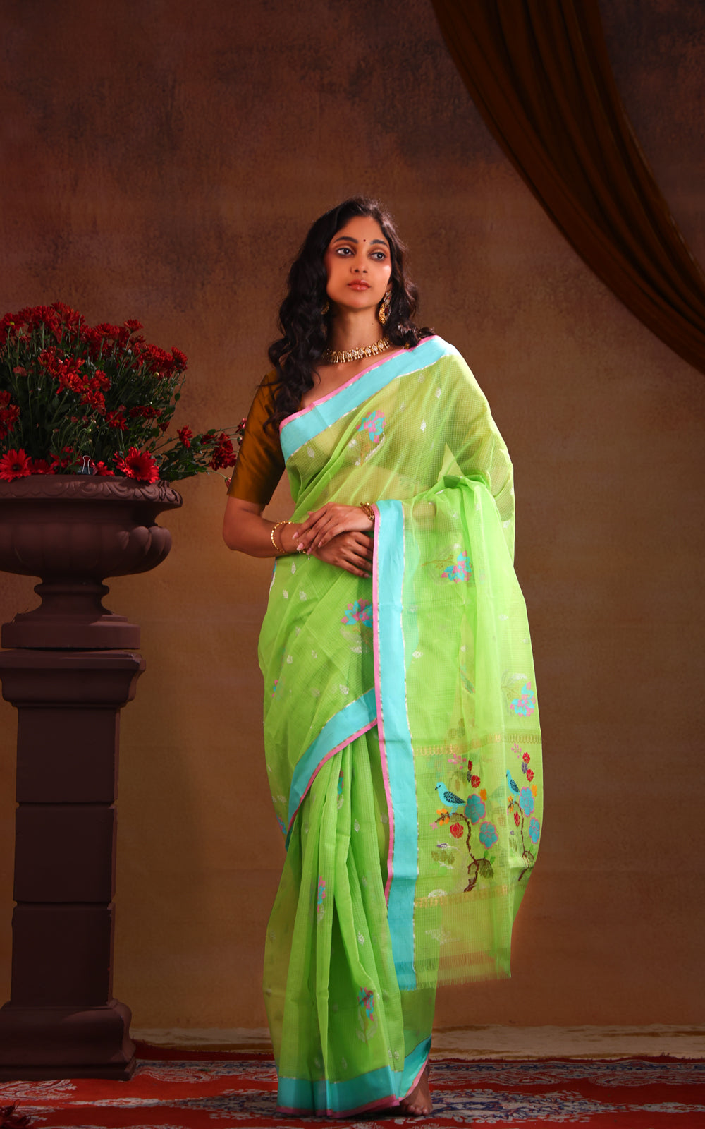 Parrot Green & Teal Zari Kota Saree With Jamdani Weaves