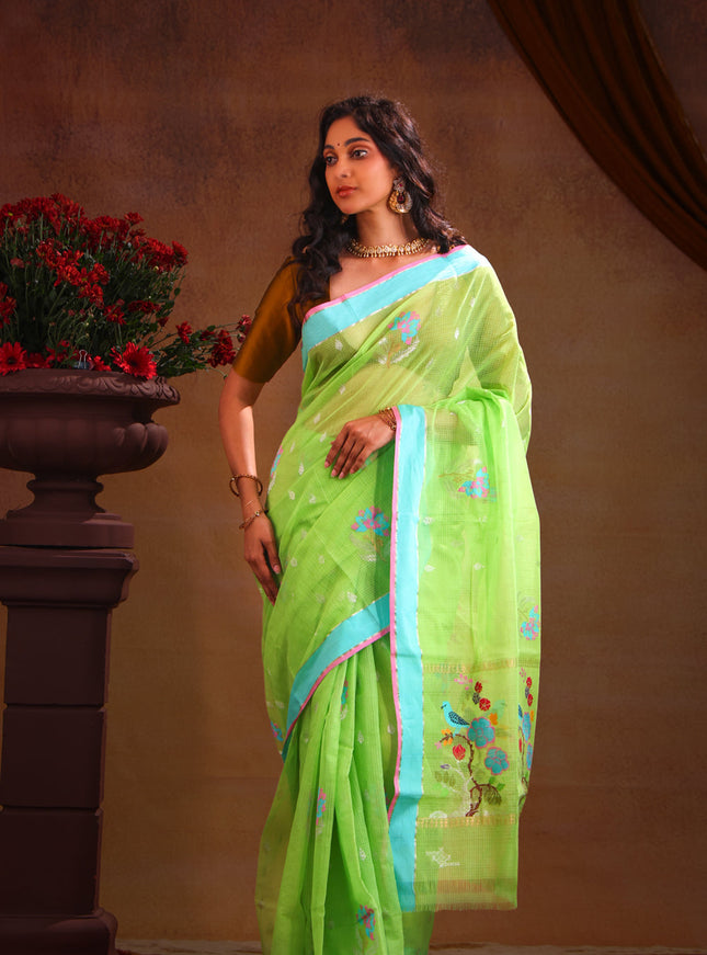 Parrot Green & Teal Zari Kota Saree With Jamdani Weaves