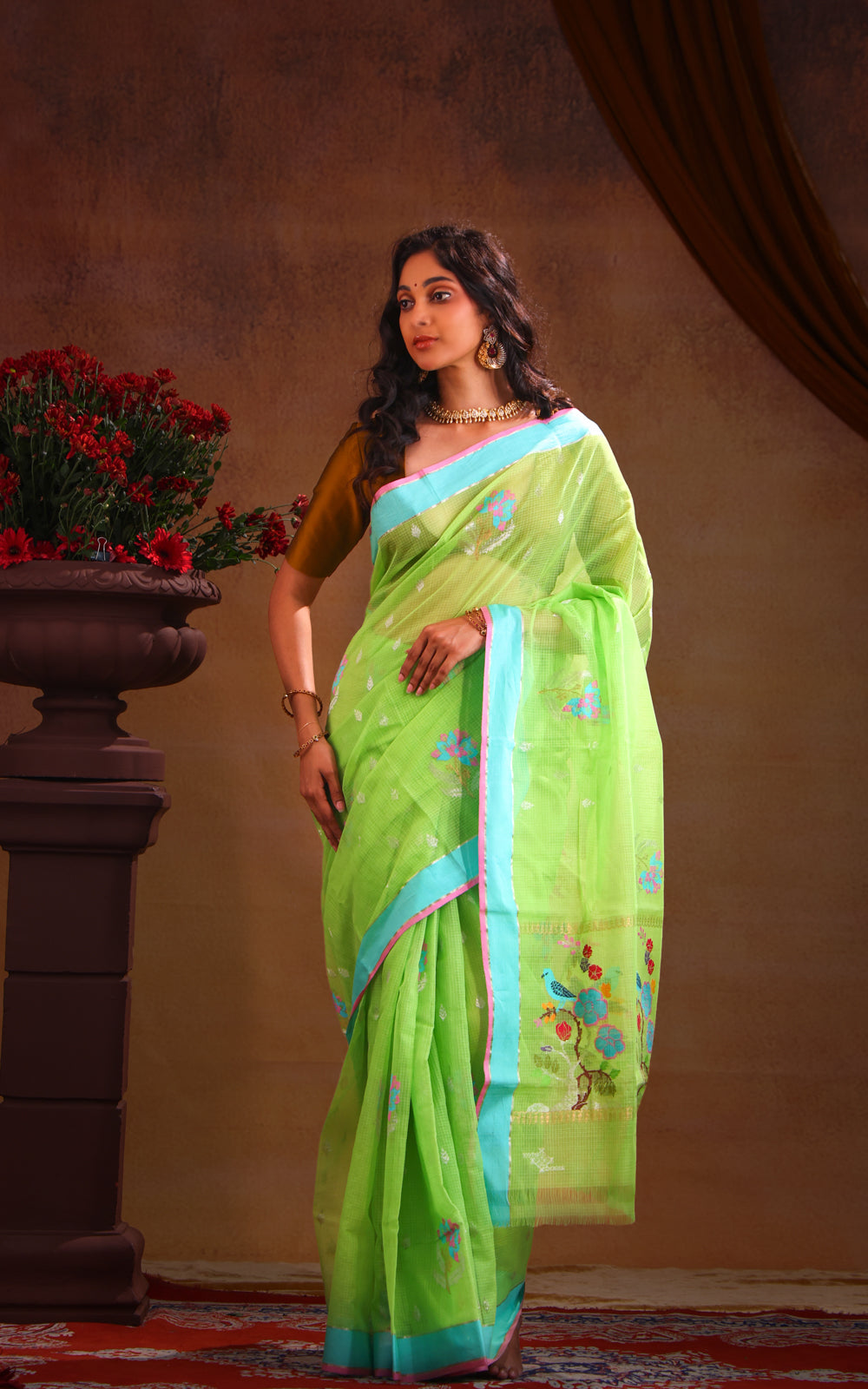 Parrot Green & Teal Zari Kota Saree With Jamdani Weaves
