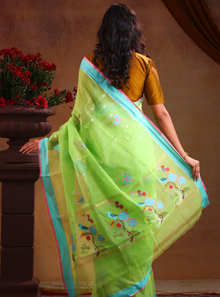 Parrot Green & Teal Zari Kota Saree With Jamdani Weaves