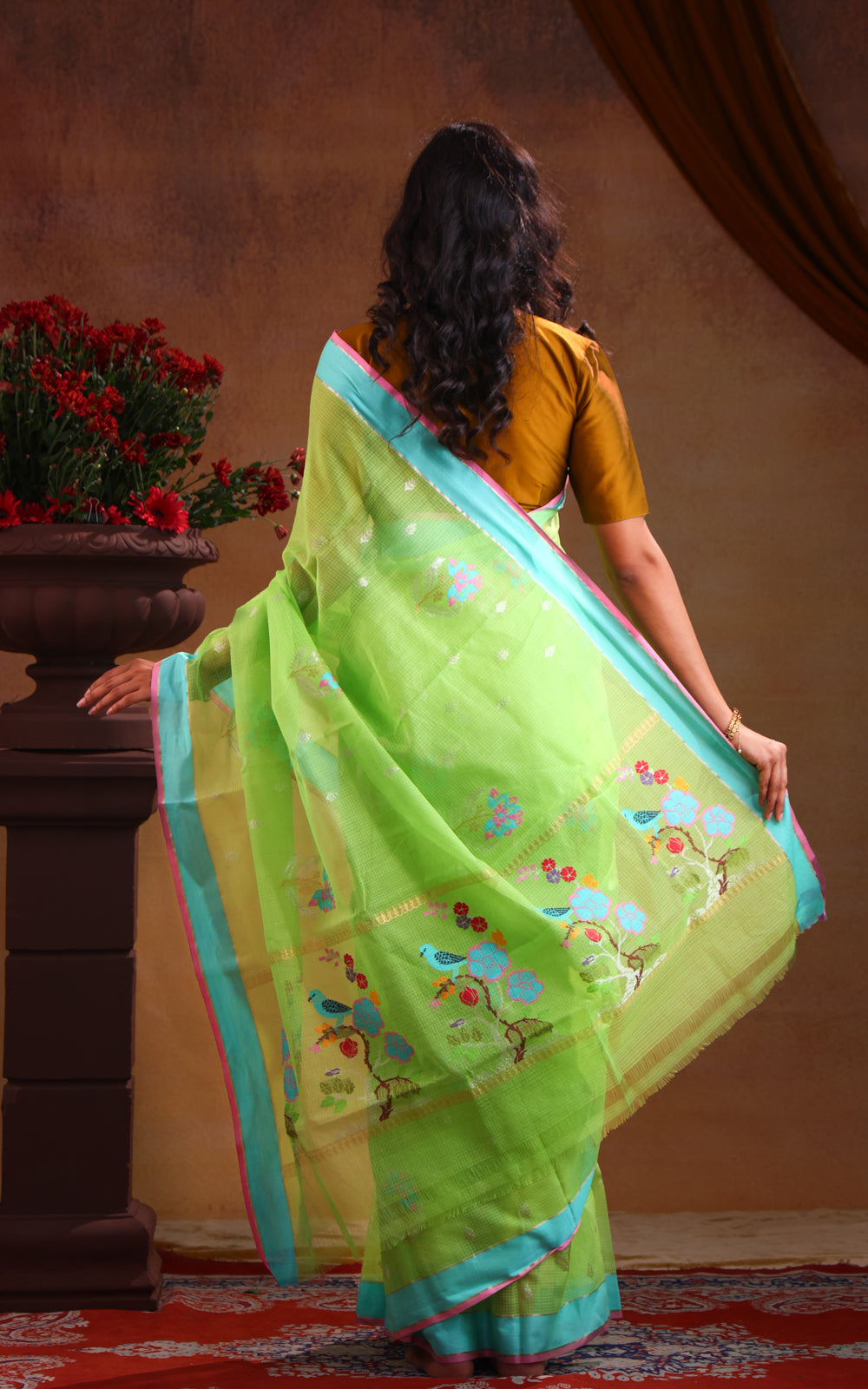 Parrot Green & Teal Zari Kota Saree With Jamdani Weaves
