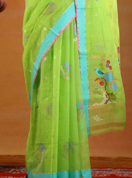 Parrot Green & Teal Zari Kota Saree With Jamdani Weaves