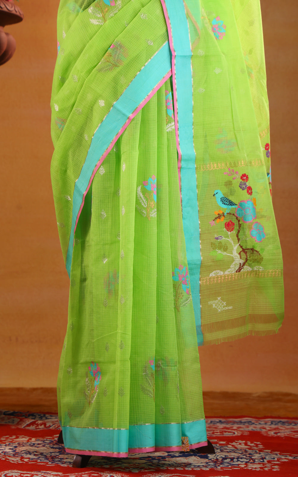 Parrot Green & Teal Zari Kota Saree With Jamdani Weaves