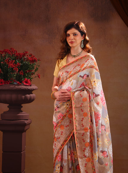 Pastel Grey Zari Kota Saree With Jamdani Weaves