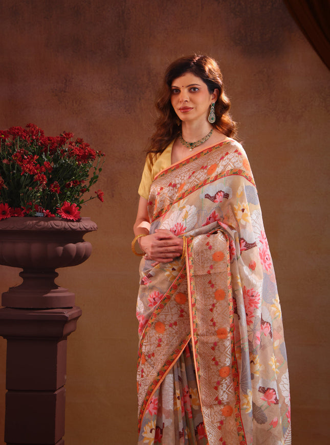 Pastel Grey Zari Kota Saree With Jamdani Weaves