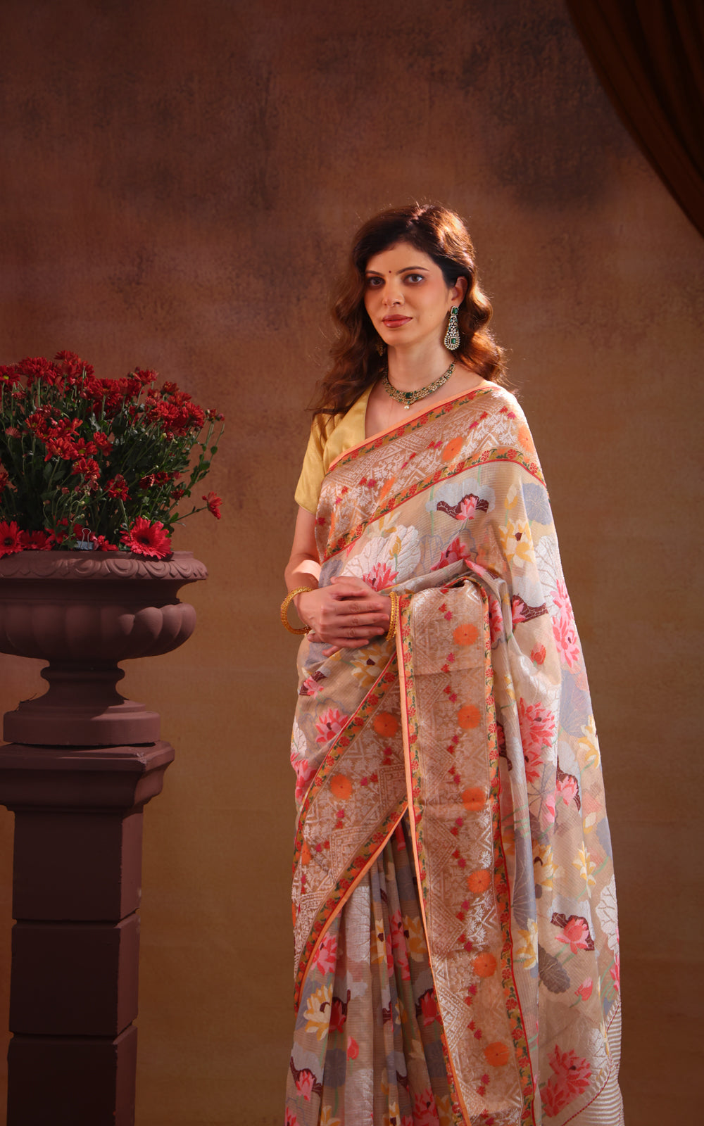 Pastel Grey Zari Kota Saree With Jamdani Weaves