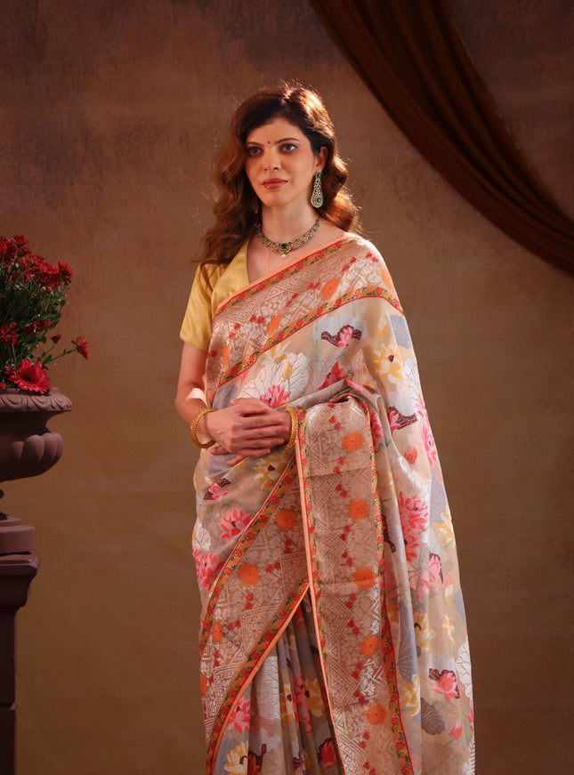 Pastel Grey Zari Kota Saree With Jamdani Weaves