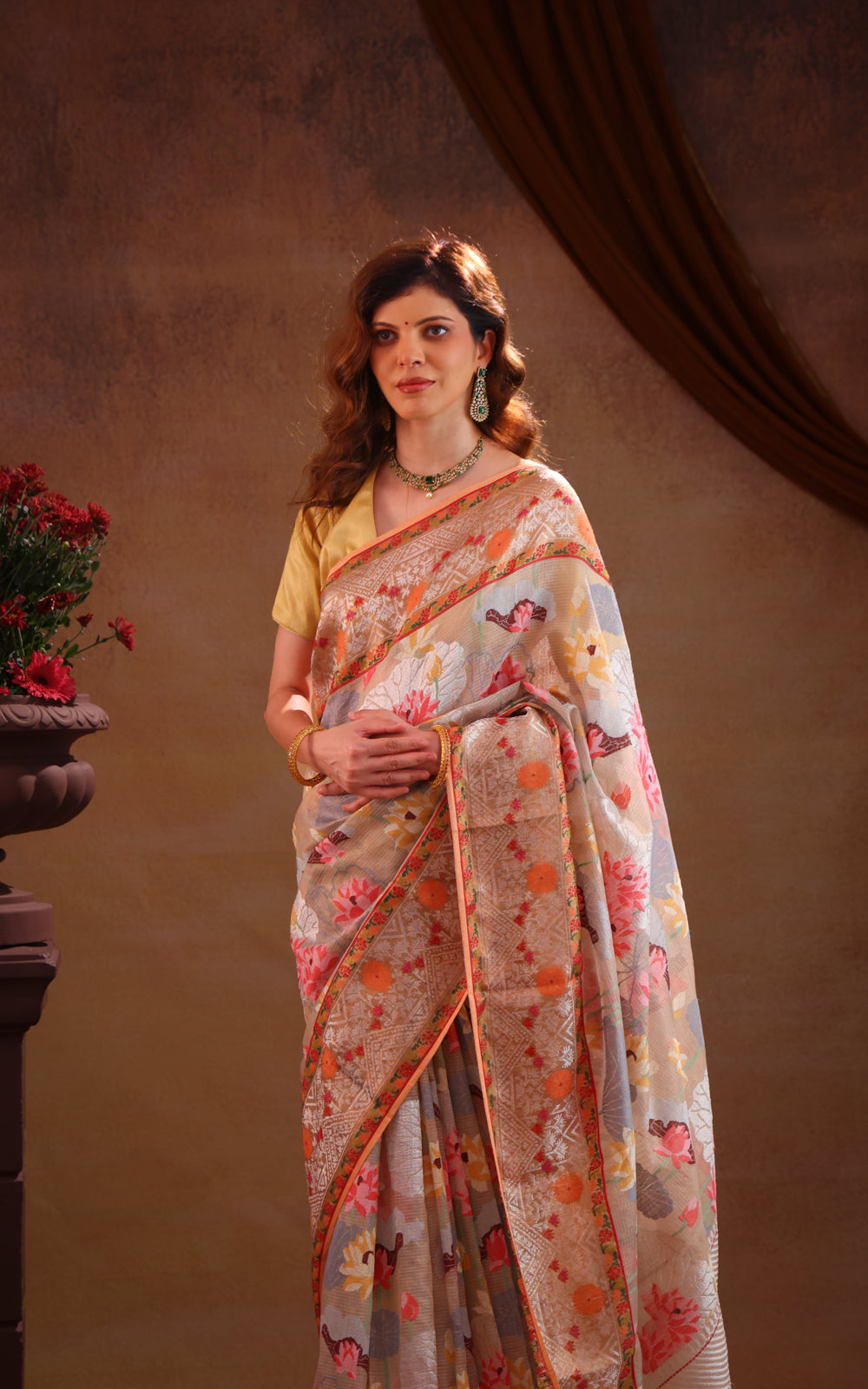 Pastel Grey Zari Kota Saree With Jamdani Weaves