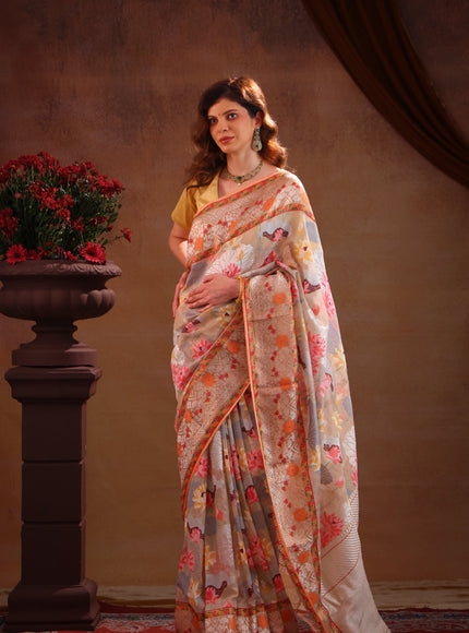 Pastel Grey Zari Kota Saree With Jamdani Weaves
