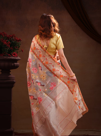 Pastel Grey Zari Kota Saree With Jamdani Weaves
