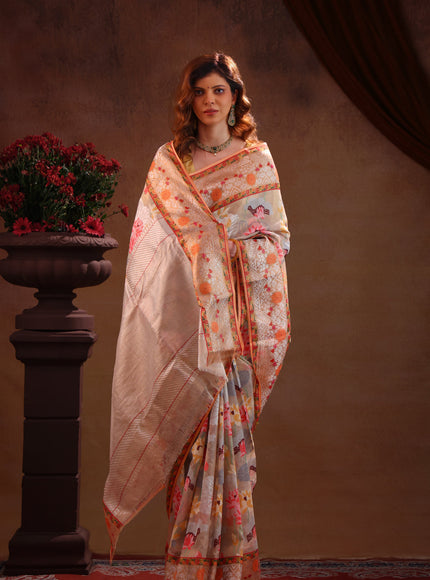 Pastel Grey Zari Kota Saree With Jamdani Weaves