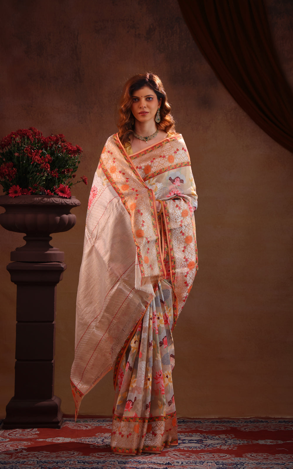 Pastel Grey Zari Kota Saree With Jamdani Weaves
