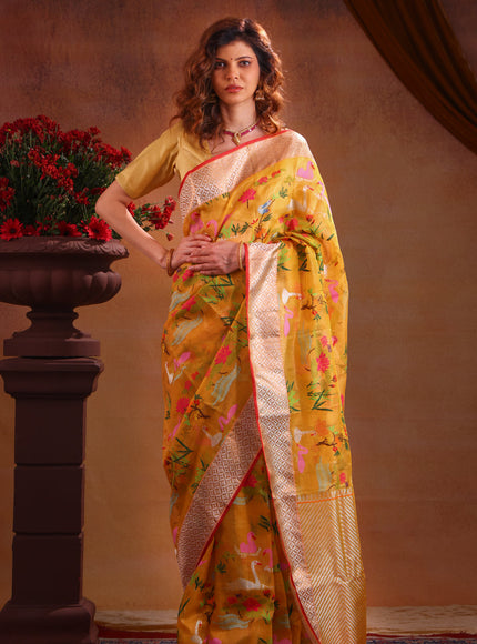 Yellow Zari Kota Saree With Jamdani Weaves