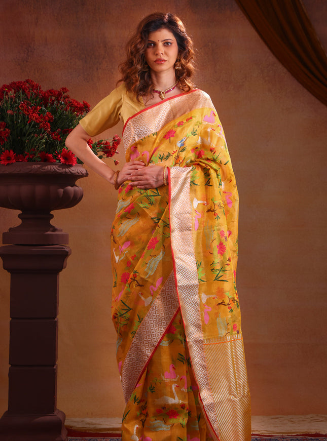 Yellow Zari Kota Saree With Jamdani Weaves