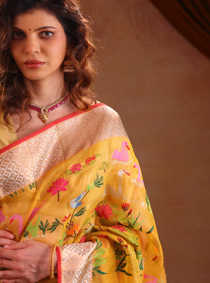 Yellow Zari Kota Saree With Jamdani Weaves