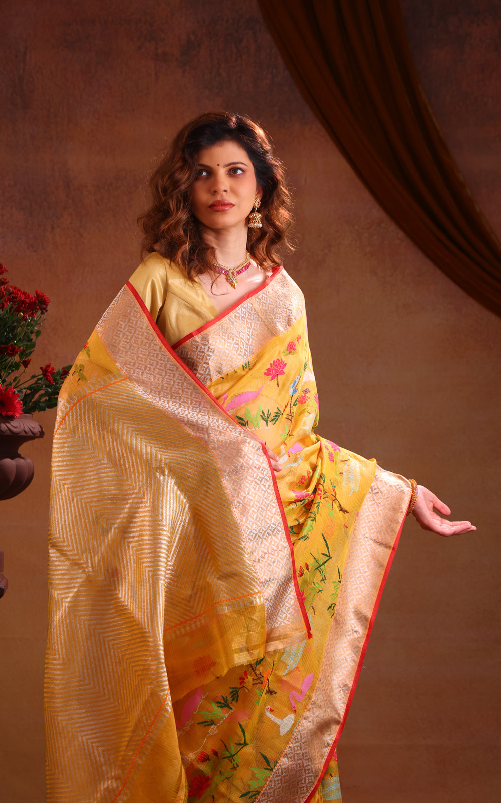 Yellow Zari Kota Saree With Jamdani Weaves