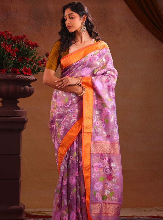 Lavender Zari Kota Saree With Jamdani Weaves