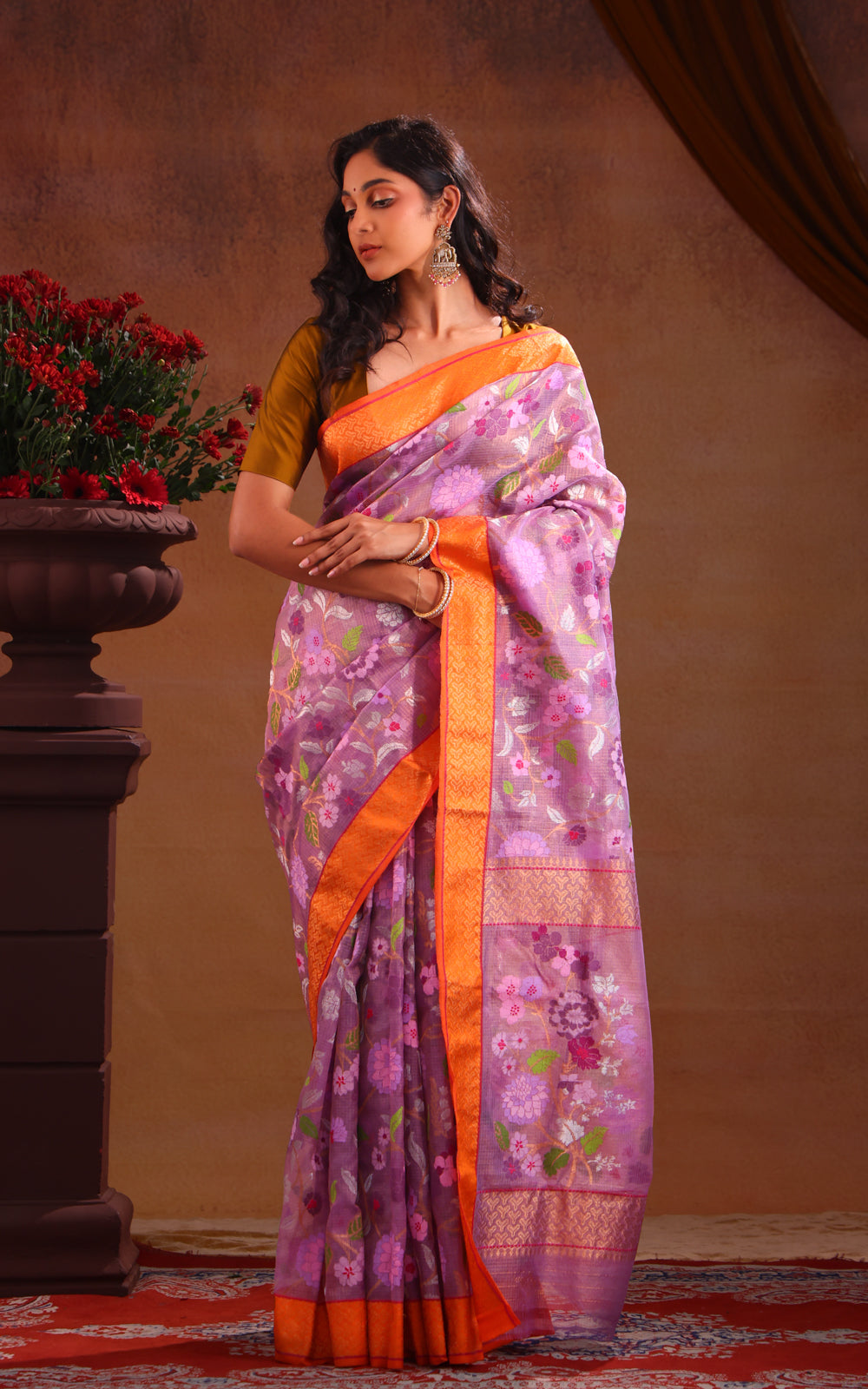 Lavender Zari Kota Saree With Jamdani Weaves