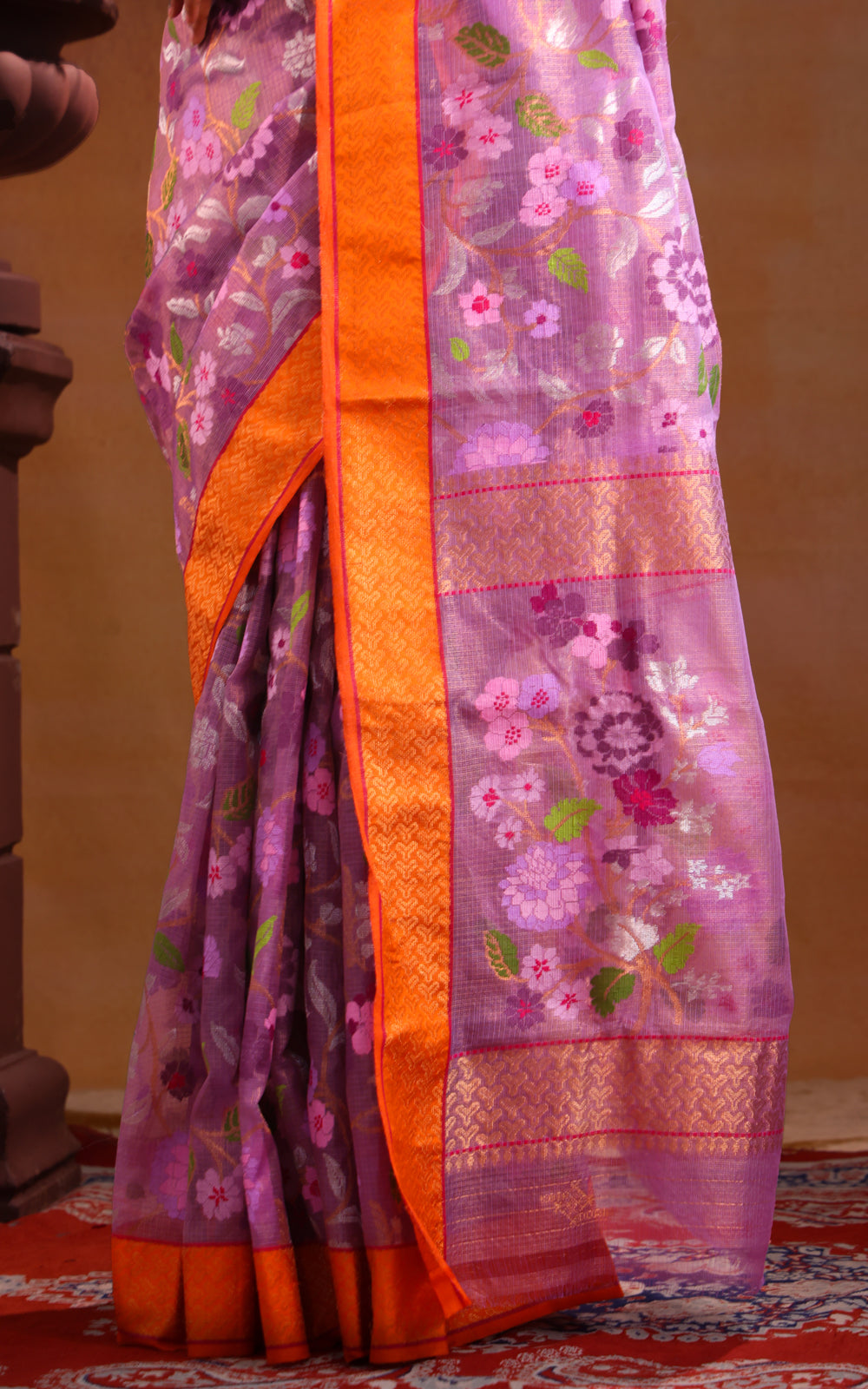 Lavender Zari Kota Saree With Jamdani Weaves
