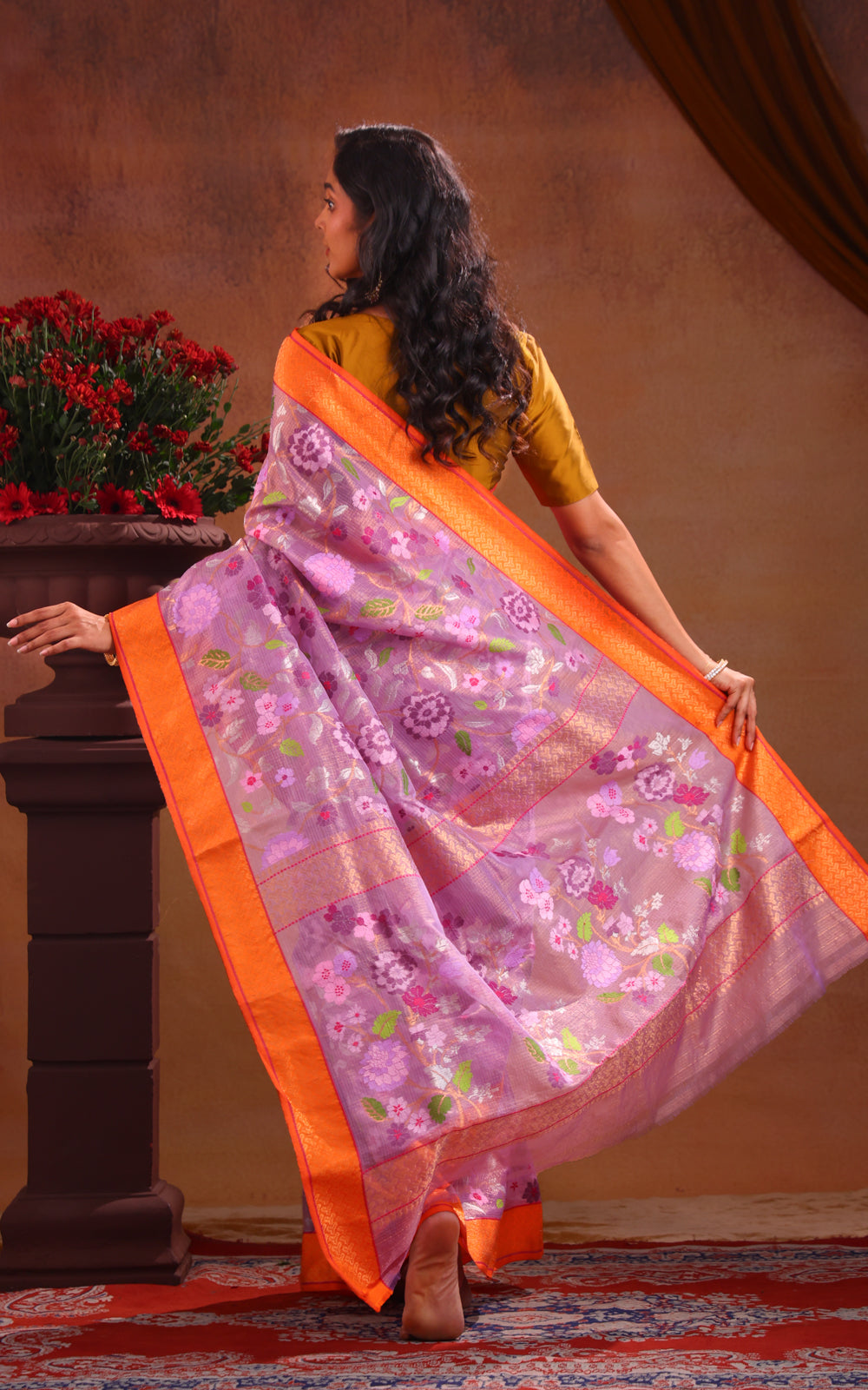 Lavender Zari Kota Saree With Jamdani Weaves