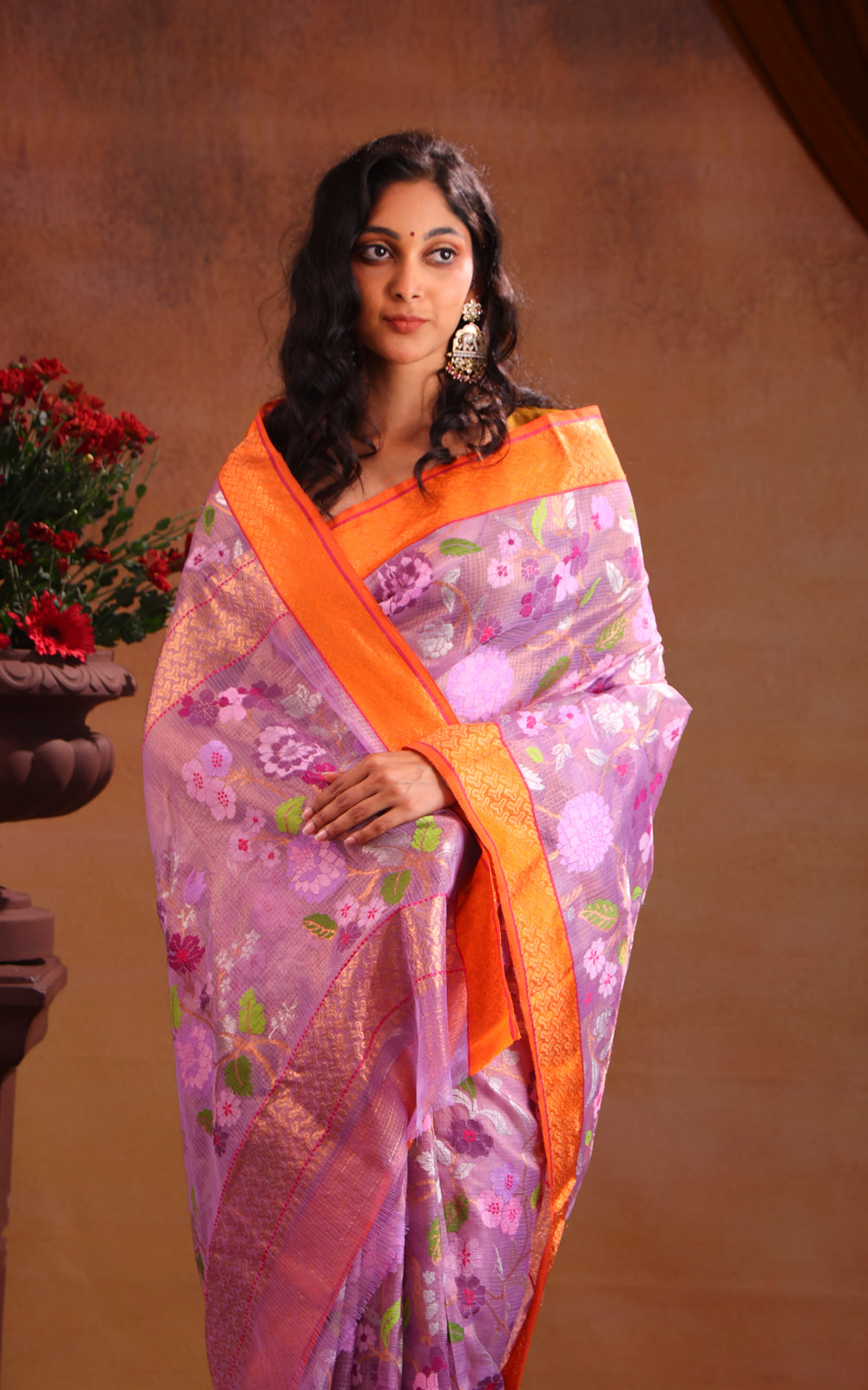 Lavender Zari Kota Saree With Jamdani Weaves