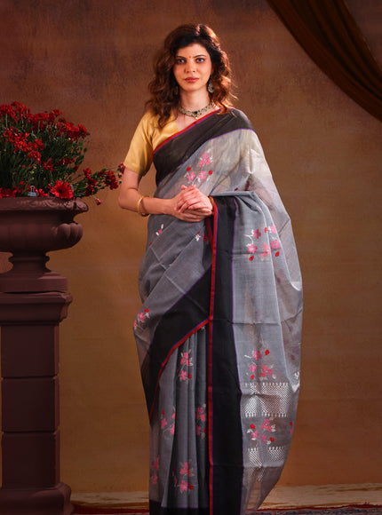 Grey & Black Zari Kota Saree With Jamdani Weaves